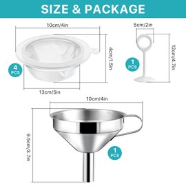 Elesunory 4 Pcs 200 Mesh Food Filter Strainer with 1 Pcs Funnel and Squeezing Rod, Reusable Ultra Fine Mesh Strainer for Filtering Juice Coffee Milk Honey, Kitchen Funnels for Filling Bottles