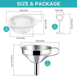 Elesunory 4 Pcs 200 Mesh Food Filter Strainer with 1 Pcs Funnel and Squeezing Rod, Reusable Ultra Fine Mesh Strainer for Filtering Juice Coffee Milk Honey, Kitchen Funnels for Filling Bottles