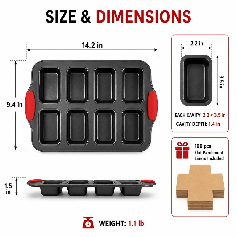 Mini Loaf Baking Pans, 2 Pack 8-Cavity Carbon Steel Banana