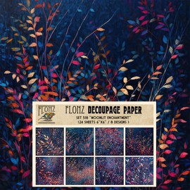 Decoupage Paper Pack (24 sheets 6"x6") Moonlit Enchantment: Vibrant Nocturnal Meadow with Colorful Foliage for Artistic Creations # Vintage Styled Paper for Craft and Scrapbooking