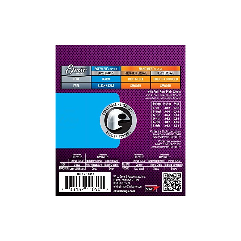 Elixir 11050 Cuerdas de guitarra acústica ligera Polyweb revestidas 12-53