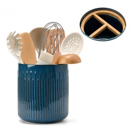 JIEMEI HOME Kitchen Utensil Holder, 7.2" Large Ceramic Stable Utensil Crock for Kitchen Counter, Utensil Holder with Cork Mat, Removable Bamboo Divider for Easy, Kitchen Decor, Blue