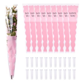 Craftdady 50Pcs Flower Wrapping Bags 17.72 x 4.72 Inch Pink Single Floral Sleeve with Flower Water Tube Clear Plastic Flower Bouquet Packing Bags for Festival Wedding Florist Bouquet Supplies