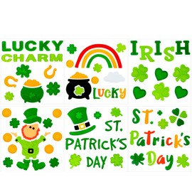 JOICEE 6pcs St. Patrick's Day Gel Window Clings, Shamrock Gnome Gold Clover Irish Lucky Window Stickers for St. Patrick's Day Window Decors for Kid.