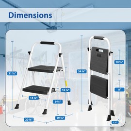 Lifetime Home 2-Step Ladder with Wide Anti-Slip Platform & Thick Rubber Feet - Lightweight Heavy Duty Foldable & Portable - 330 lbs Capacity, Steel Frame, Rubber Handgrip, Folding Step Stool - White