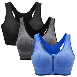Zoerea Sports Bra, Women's Push-Up, Zip Front, Impact Yoga Bra - Black, grey and blue Plain, size: l