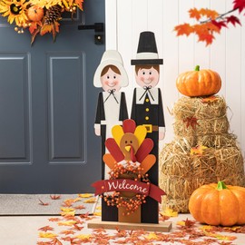 Glitzhome 36''H Thanksgiving Pilgrim Couple with Turkey Porch Sign, Farmhouse Wooden Welcome Sign Standing Porch Decor for Fall Harvest Autumn Thanksgiving