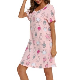 MIA LUCCE Women's Short Sleeve Nightdress with Cute Prints with Crew Neck, Sheep