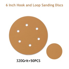 SUPBICCO 50 PCS 6 Inch Sanding Discs Hook and Loop 320 Grit, 6 Hole Sand Paper Disc for Random Orbital Sander, Gold Random Orbital Sandpaper Pads