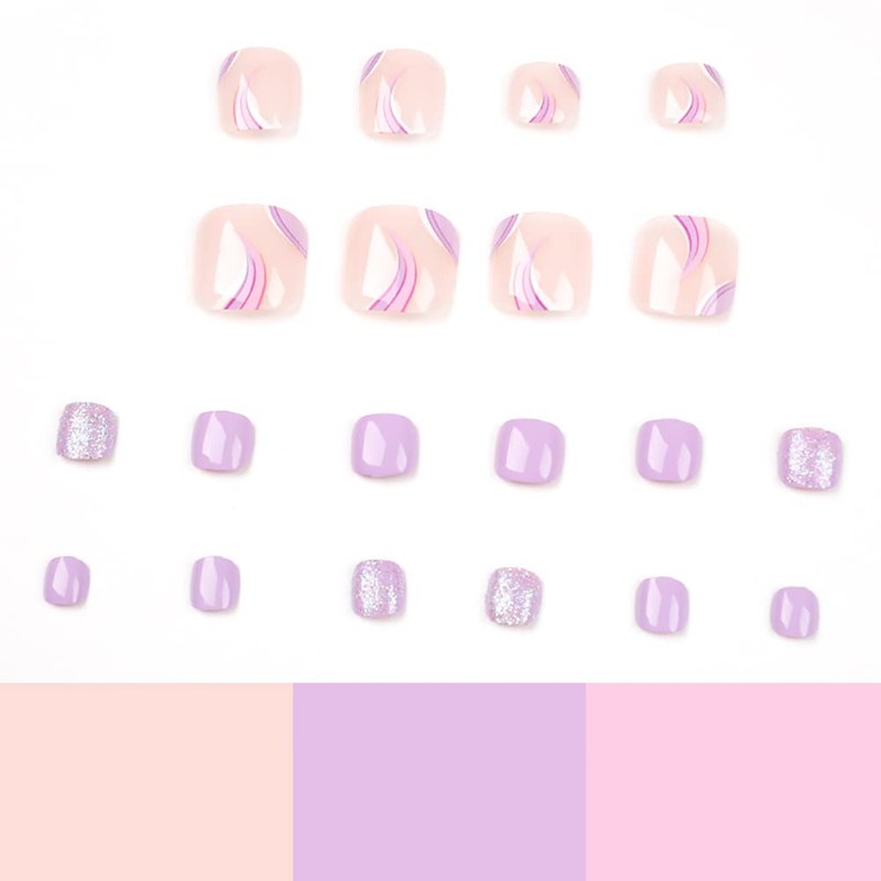 Clataly 24pcs Square Flowers Fake Nails Glossy Glitter Toe Print