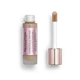 Makeup Revolution Conceal & Define - Base de maquillaje en crema, cobertura completa, para tonos de piel medianos, vegano y libre de crueldad, F10, 0.