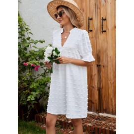 QACOHU Women's 2025 Spring Summer Casual Dress Short Sleeve V-Neck Midi Dress Ruffle Spring Summer Chiffon Dress White XL