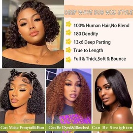 8 Inch Bob Wig Human Hair 13x6 Deep Wave Lace Front Wig Human Hair 180% Density Pre Plucked Wet and Wavy 13x6 Transparent Lace Front Wigs for Women