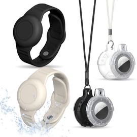 TOLUOHU AirTag Case, Waterproof AirTag Bracelet & Necklace for Kids, Soft Silicone Air Tag Holder with Key Ring (Black+ Beige, White)