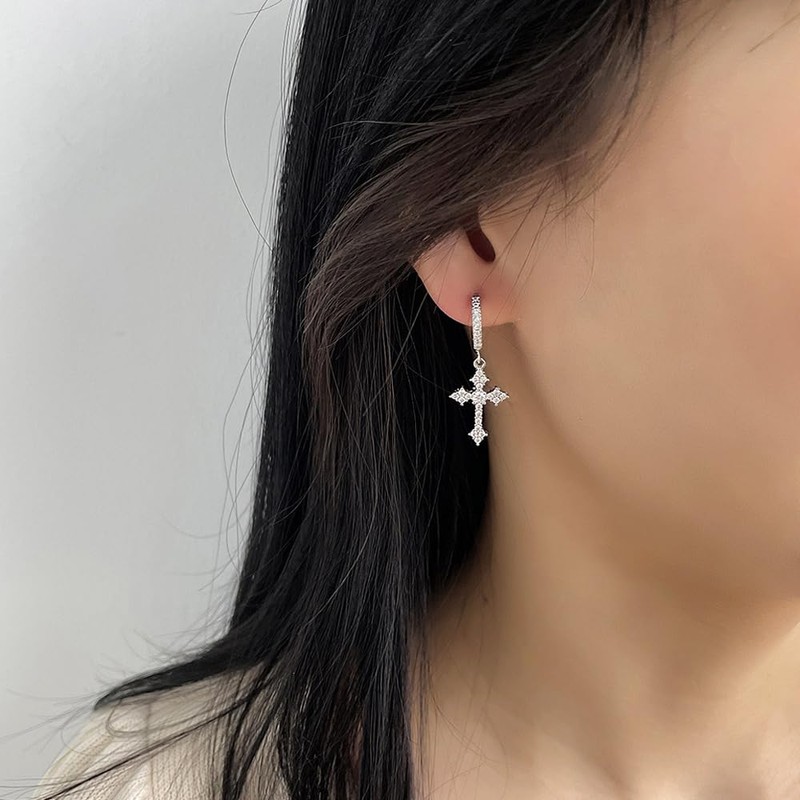 Generic Cross Earrings, Silver Dangle Hoop, Huggie, CZ Stones