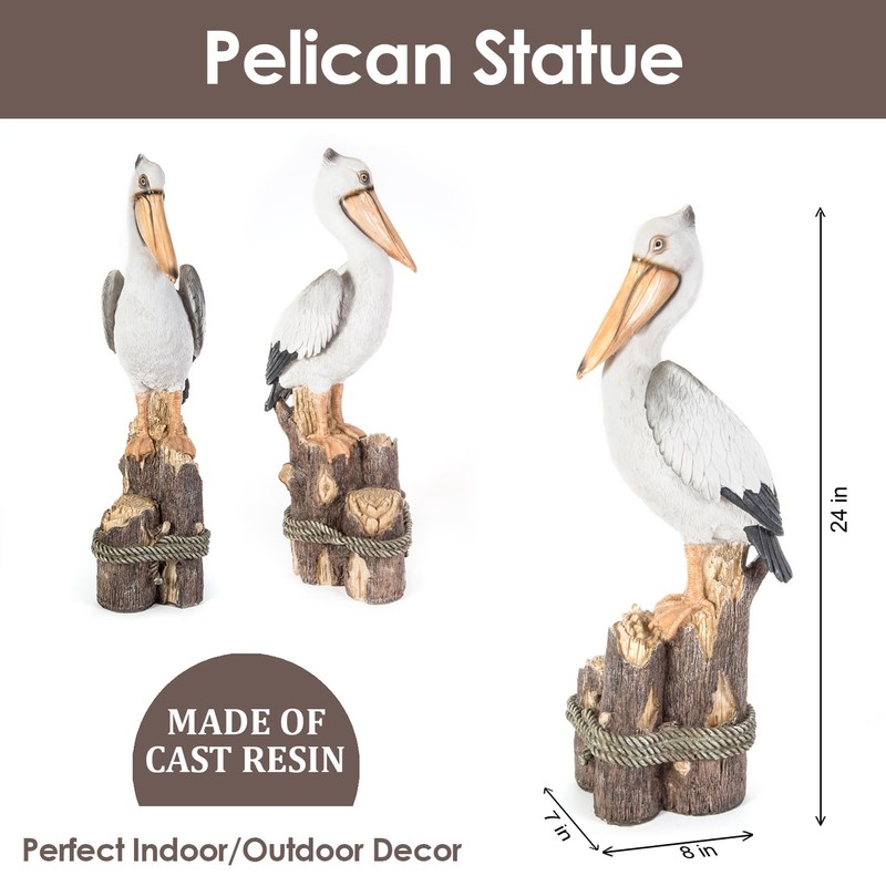 Pelican Statue – 24" Tall White Coastal Bird Sculpture on