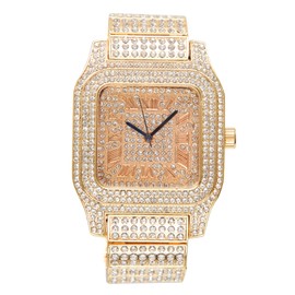 Bling-ed Out Biggie Sq. Iced Gold Hip Hop Watch with 3 Row Bling-ed Out Tennis Bracelet and Bling-ed Out Size 12 Ring - You will hypnotize in a Flashy Way (12, Gold with 3 Row Bracelet)