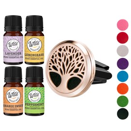 Wild Essentials Rose Gold Tree of Life Essential Oil Car Vent Diffuser Kit With Lavender, Lemongrass, Peppermint, Orange Oils, Stainless Steel Locket Pendant, 8 Refill Pads, Customizable Color Changing Air Freshener