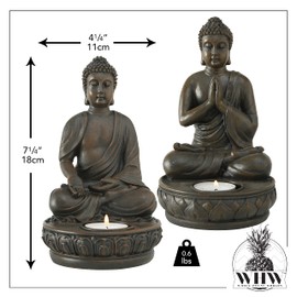 Seated Buddha Tealight Candle Holders, Set of 2, Greeting or Namaste Pose, Lotus Base, 7.5 H x 4.25 Inches, Hand Crafted, Cast Polyresin, Bronze Color, The Sere