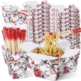 Yiyiring 50 Sets 16oz Chinese Take Out Boxes with Chopsticks, Disposable Chinese Food Containers with Floral Design Noodle & Party Favor Pails, Ideal for Restaurants, Catering, and Takeout