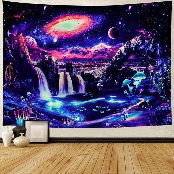 FENDROM Blacklight Galaxy Planet Tapestry UV Reactive Waterfall Landscape Tapestries