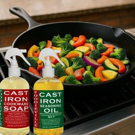Cast Iron Oil Non-stick Conditioner for Seasoning Skillets,Griddles, BBQ Grill, Flat Top Grills, Dutch Ovens with Oils of Flax, Sesame, and MCT, 12 fl. oz. Foodieville by Creation Farm
