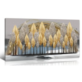 DJSYLIFE Gold Silver Leaf Canvas Art - Modern Aesthetic Wall Decor, Elegant Nature Painting Print for Living Room, Bedroom, Office Framed Ready-to-Hang Artwork 20"x40"