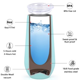 Lifecapido 6 Pack Stemless Champagne Flute Glass, 6 Oz Unbreakable Cocktail Champagne Tumbler, Stainless Steel Champagne Glass with Lid, Wedding Birthday Christmas Gifts for Friends(Seafoam)