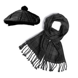 UMAM Scottish Traditional Set of Tam o' Shanter Flat Bonnet, Acrylic Wool Kilt Hat and Scarf in Many Tartans (Grey Watch)