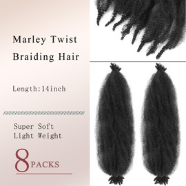 BLUONASI 14 Inch Marley Twist Braiding Hair 8 Packs Pre-Separated Springy Afro Twist Hair Extension Kinky Afro Twist Crochet Hair Braids Marley Hair Spring Twist (1B#, 35.6 cm (8 Pack)