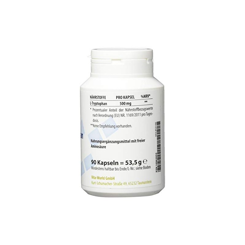 vitaworld L-Tryptophan 500 mg, High Purity, Vegan Tryptophan from Natural,