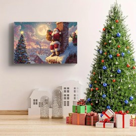 YONICA Christmas Canvas wall art, Santa Claus by the chimney getting ready to sneak into the house prints painting, Christmas Theme Wall Art Christmas Decor for Home Living Room Decor 16x12 Inches