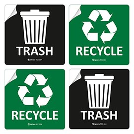 IGNIXIA (Pack of 04) Recycle and Trash Sign Decals self Adhesive - Recycling Stickers Recycle and Trash Sticker for Trash can with over lamination - Recycle Label (Black & Green) (5 X 5 Inches Square)