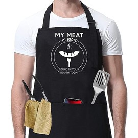 Funny Black Bbq Apron For Men - Bbq Grilling Adjustable Bib Aprons - My Meat Is 100% Going In Your Mouth Today Grill Apron - Perfect Grilling Apron Gift For Men - Funny Gag Apron For Boyfriend