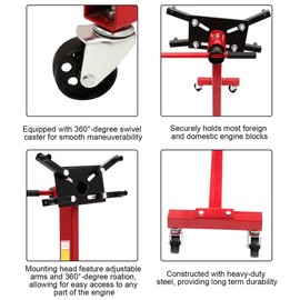 LSAILON Engine Stand,1000lbs Capacity, Steel Rotating Engine Motor Stand with 360 Degree Adjustable Head, 4-Caster,4 Adjustable Arms, for Vehicle Maintenance, Auto Repair, Red