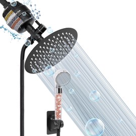 HarJue Filtered Shower Head, High Pressure 8″ Round Showerhead with Filter Combo for Hard Water, Remove Chlorine Fluoride and Harmful Substances- 1 Replaceable Filter Cartridge, Matte Black