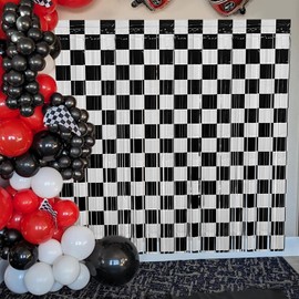 Race Car Foil Fringe Curtains Backdrop Birthday Party Decorations, 4 Pack 3.28 x 6.56 Ft Black White Foil Fringe Curtain Photo Booth Props Racing Car One Happy Dude Birthday Party Decorations