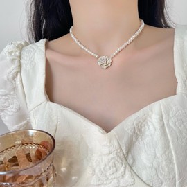 Camellia Pearl Necklace Choker Pendant for Women,White Rose Cameila Pearl Beaded Necklace Long Pearl Stranded Choker,Pearl Jewelry for Grils Wedding Gifts (White)