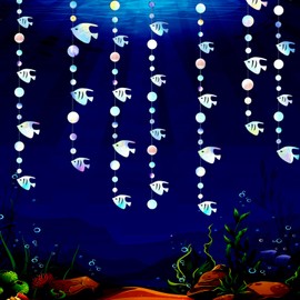 4 String Iridescent Fish Garland Under The Sea Party Decorations Mermaid Garlands Fish Birthday Decoration Streamer Baby Shower Bubble Hanging Banner Underwater Backdrop Kids Ocean Party Supplies
