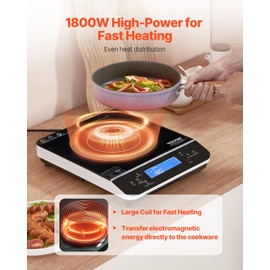 VEVOR Portable Electric Cooktop, 1800W Induction Burner with 9 Temp Settings, Countertop Hot Plate with 4H Timer, 24H Reservation, Child Lock, Easy to Clean