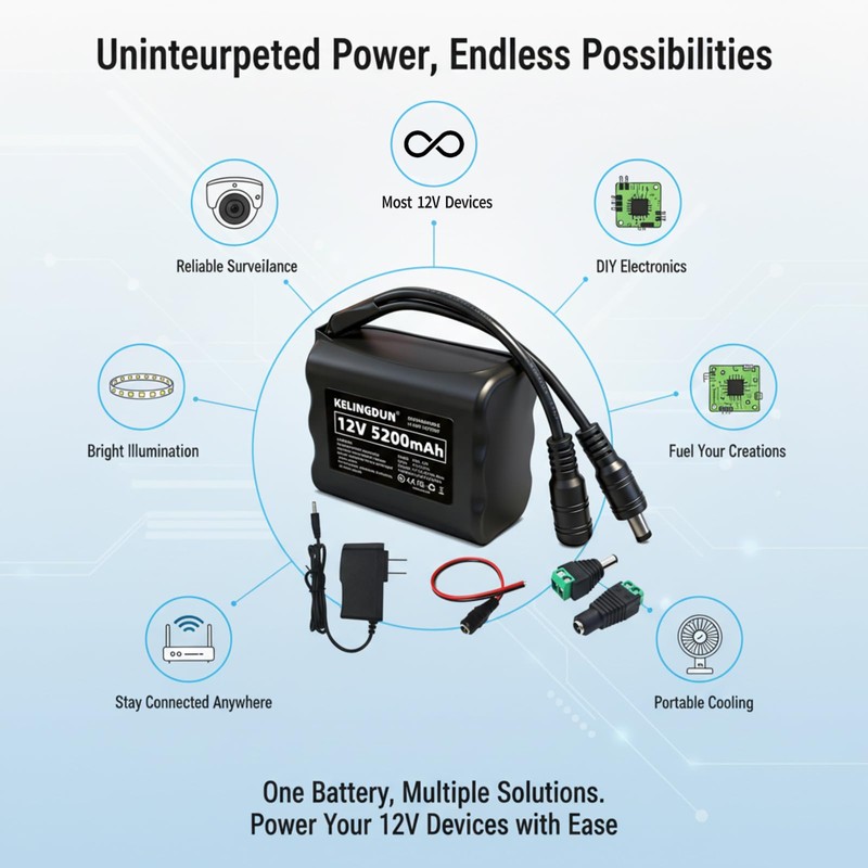kelingdun 12V 5200mAh Rechargeable Battery - High-Capacity Emergency Power Supply
