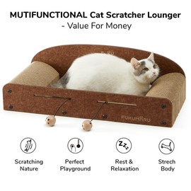 FUKUMARU 26 Inch Cat Scratcher Cardboard Lounge Bed, Durable Cat Scratcher Extra Large Lounger, 2 Reversible Cat Scratching Pads Refill for Indoor Cats, Cat Scratch Bed Cardboard Toy, Caramel Color