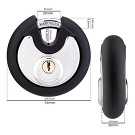 Satargo Heavy Duty Disc Padlock 74mm Round Lock with Rubber Cover Stainless Steel Body Hardened Steel Shackle 3 Keys Weatherproof (4)