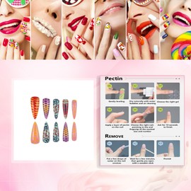 Rchovsam Long Almond Press on Nails xl Claw Tip Fake Nails Colorful Spots Designs Nails Press Ons Colorful Claw Stick on Nails Full Cover Artificial Nails Gift for Women 24pcs