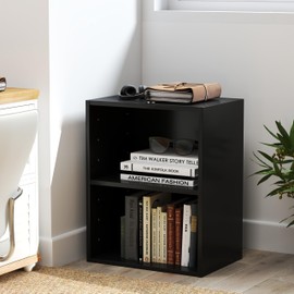 Tangkula 2-Tier Bookshelf, Open Shelf Bookcase with 7-Position Adjustable Shelf, Multifunctional Wooden Cubby Storage Display Shelf for Home Office Study Living Room (Black, 1)