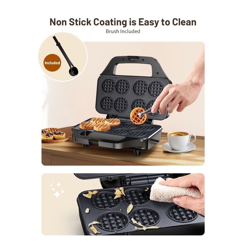 Mini Waffle Maker Machine, 8 Small Waffle Bites, Nonstick Waffle