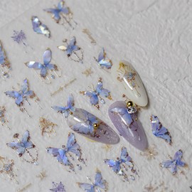2 Sheet Butterfly Nail Stickers 5D Embossed Blue Butterfly Nail Art Decals Self-Adhesive Shining Shell Aurora Manicure Accessories for Women Girls DIY Nail Art Decorations Supplies