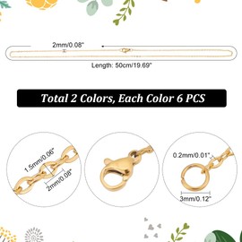UNICRAFTALE 12pcs 50 cm 2 Colours Necklaces Chains Stainless Steel Chain Jewellery Making 1.5 mm Wide Necklace Chain with Lobster Claw Clasps Jewellery Craft Chain for DIY Jewellery Necklace