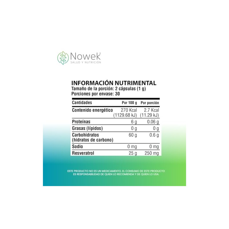 Nowek | Resveratrol | 60 Cápsulas | Suplemento Alimenticio |