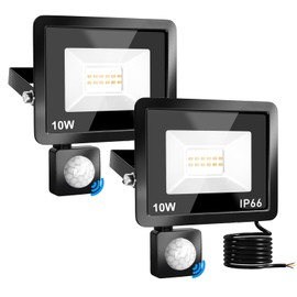 MKKM LED Spotlight with Motion Sensor 10 W Pack of 2 LED Floodlights, IP66 Waterproof, 2200 lm, Outdoor Spotlight, 6000 K, Cool White Spotlight, Ideal for Garden, Warehouse, Playground, Home, Yard